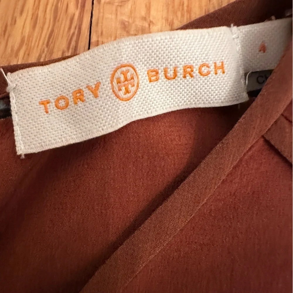 Tory Burch SILK Rust Brown Striped Floral Pattern tee Boho Size 4 (#)